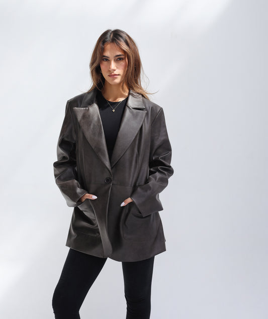Midnight Muse Leather Blazer - Brown