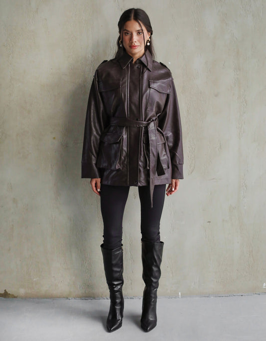 Fearless Belted Leather Jacket - Brown