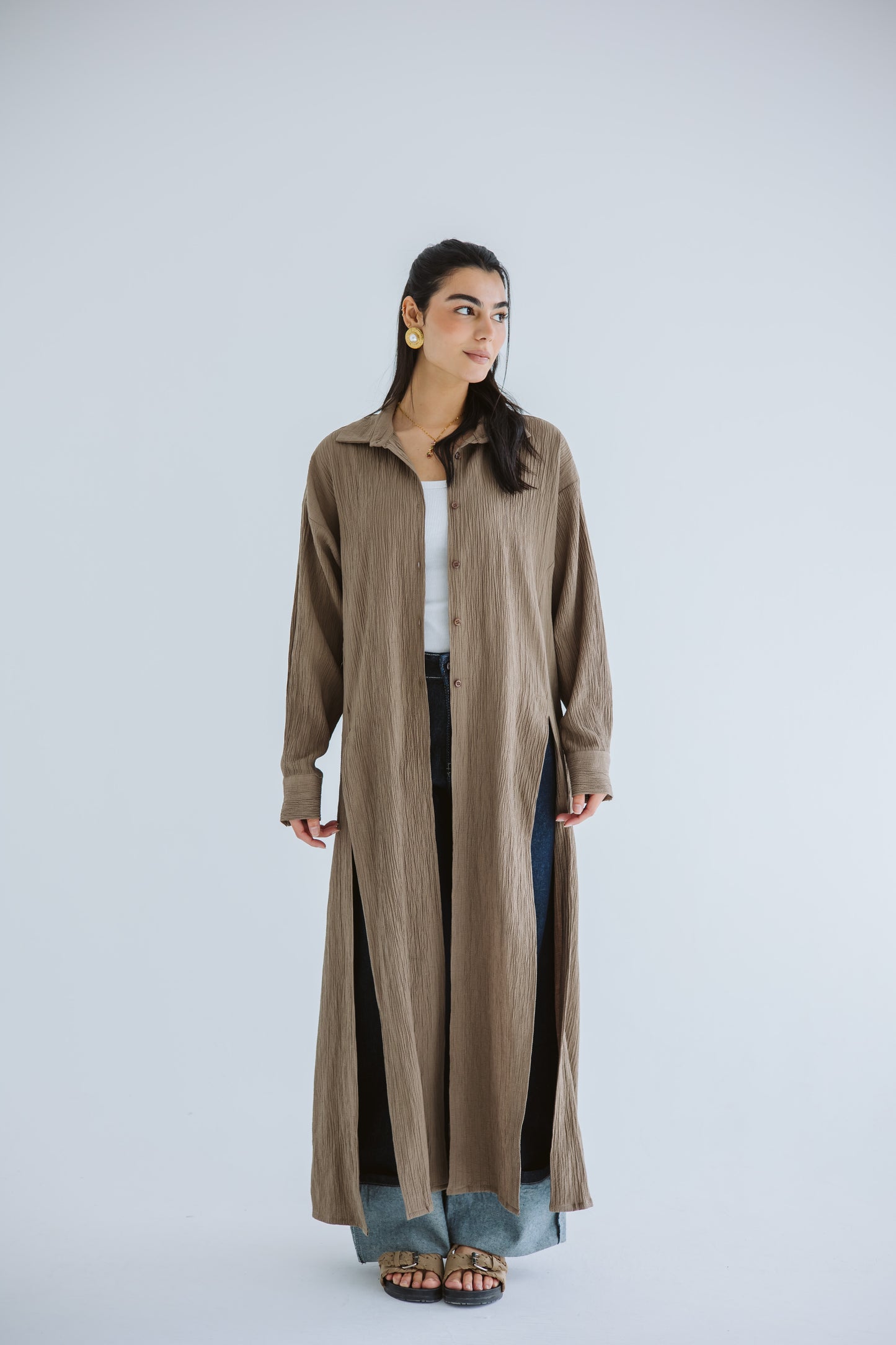 Sun-Kissed Linen Shirt Dress - Brown