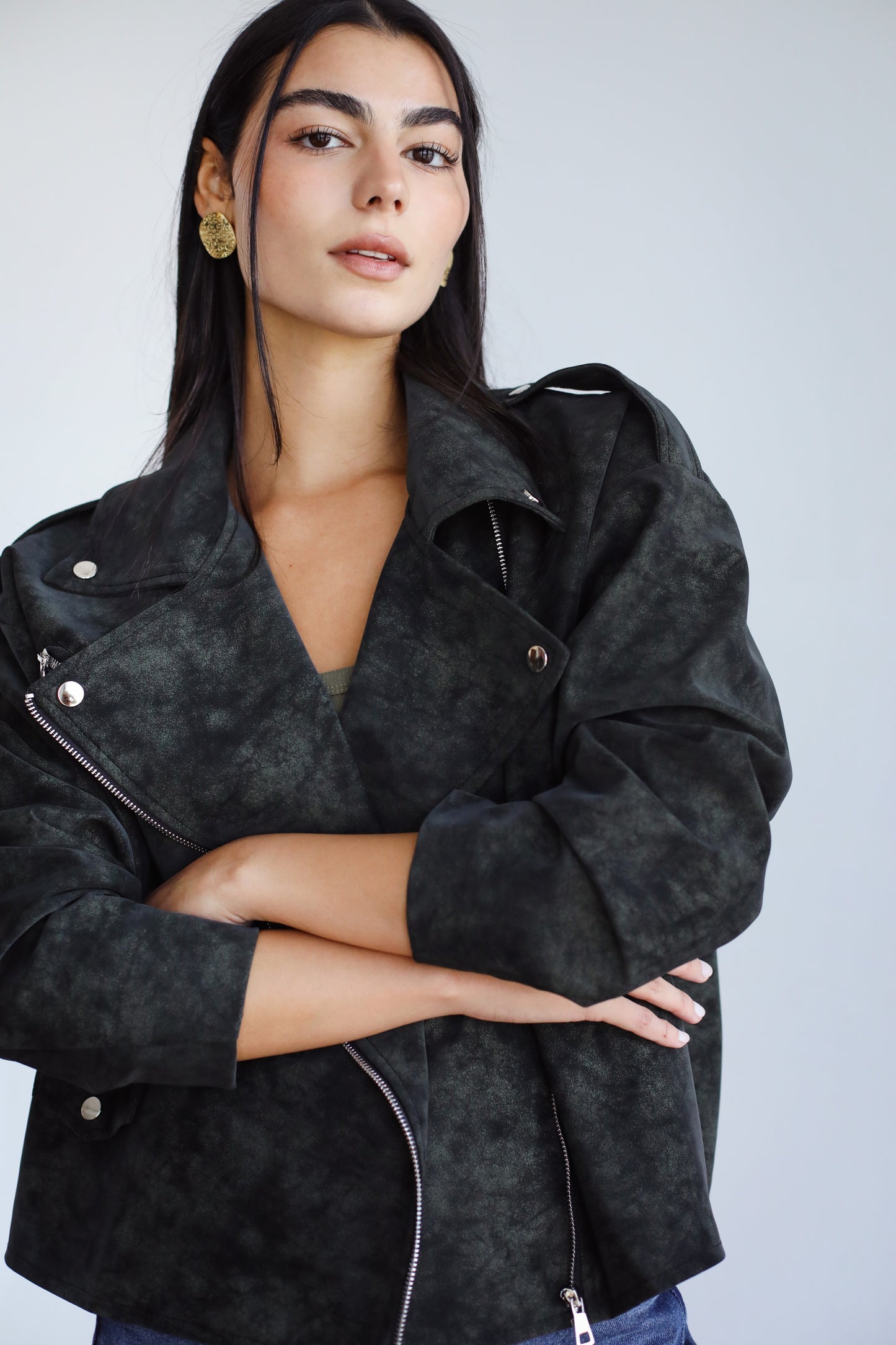 Understated Leather Jacket - Olive x Black