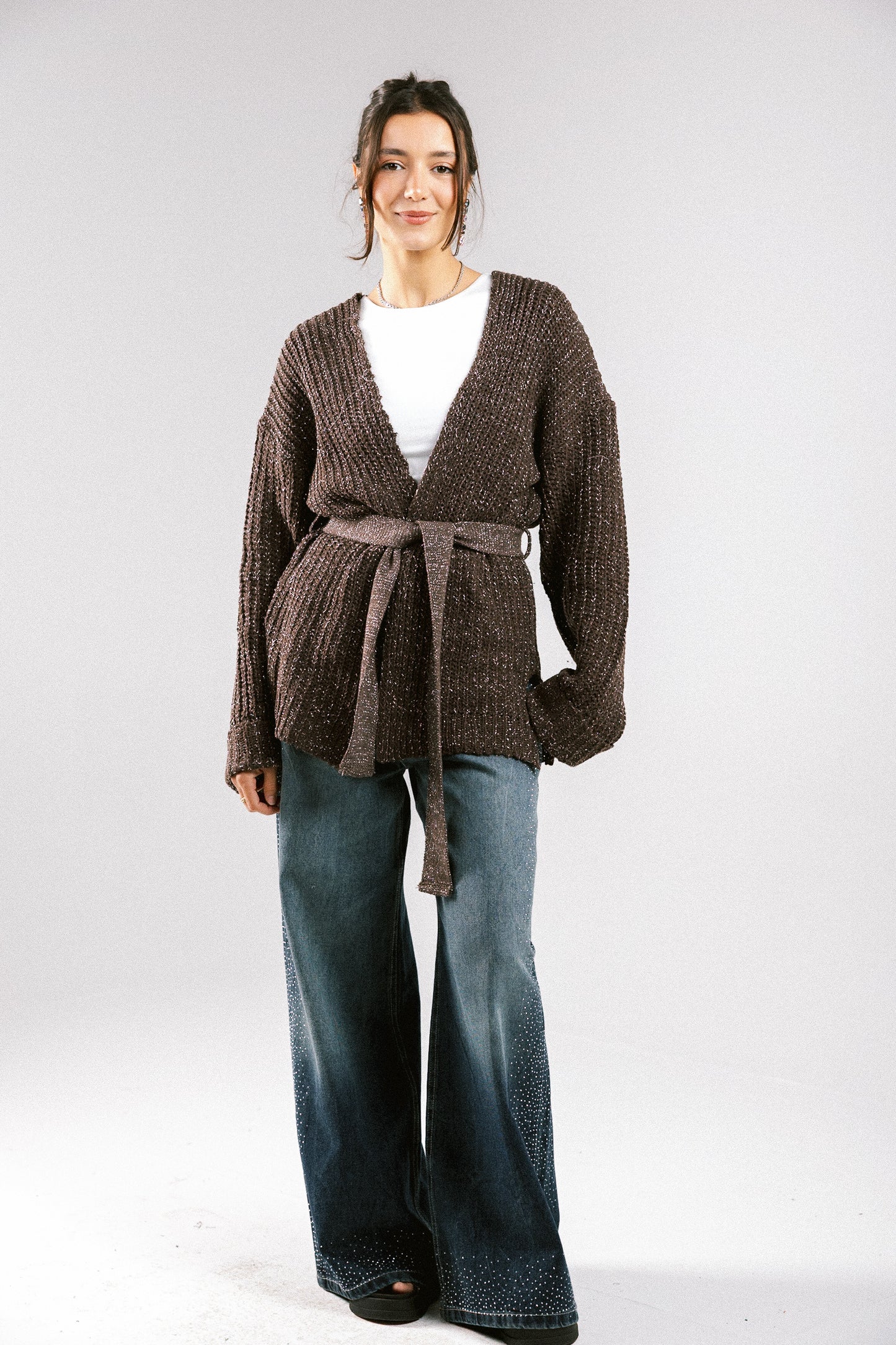 Crystal Skies Crochet Cardigan - Brown