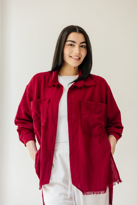 Fringed Pockets Shirt in Red