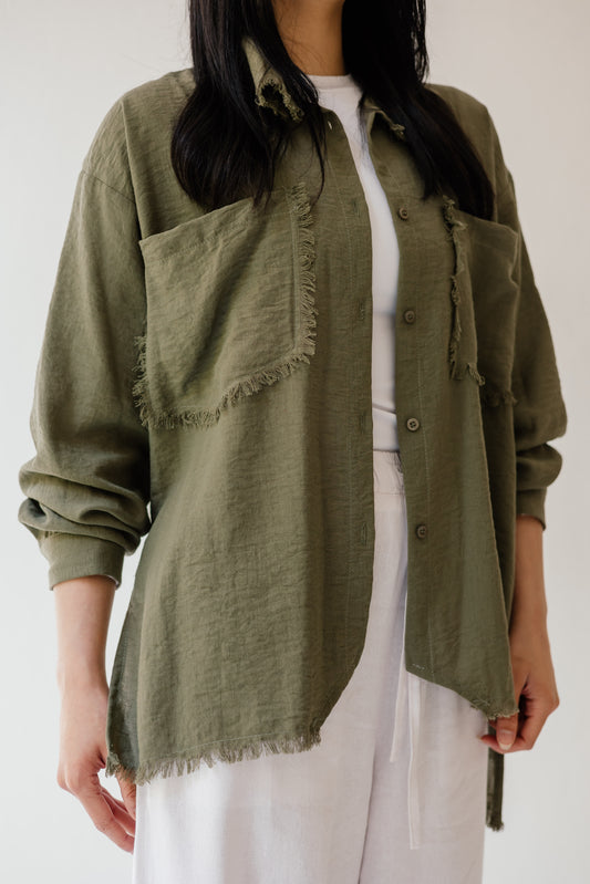 Fringed Pockets Shirt in Olive