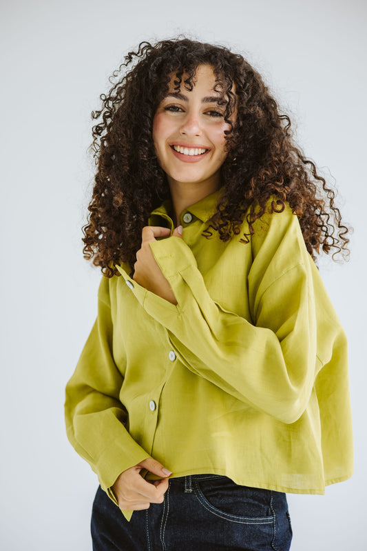 Timeless Cropped Linen Shirt - Lime