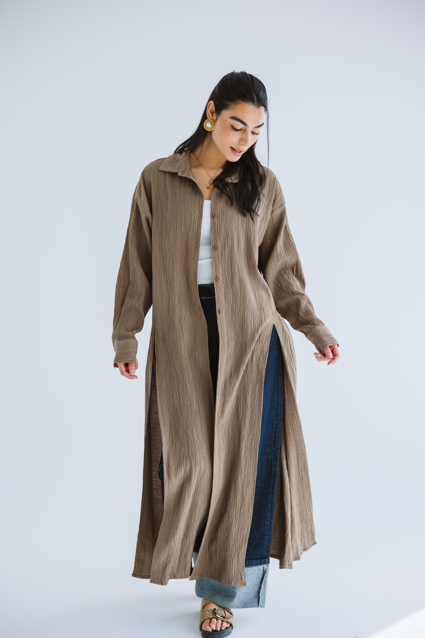 Sun-Kissed Linen Shirt Dress - Brown