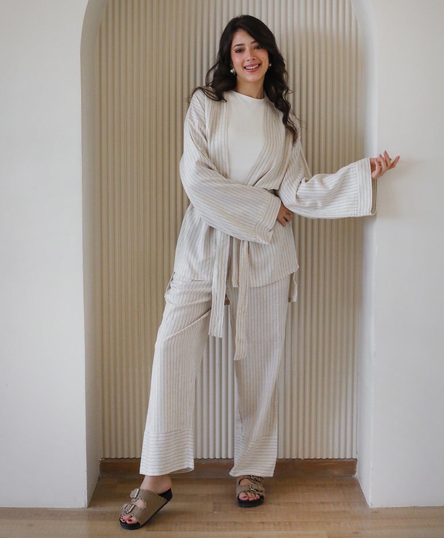 Striped Linen Set - Beige