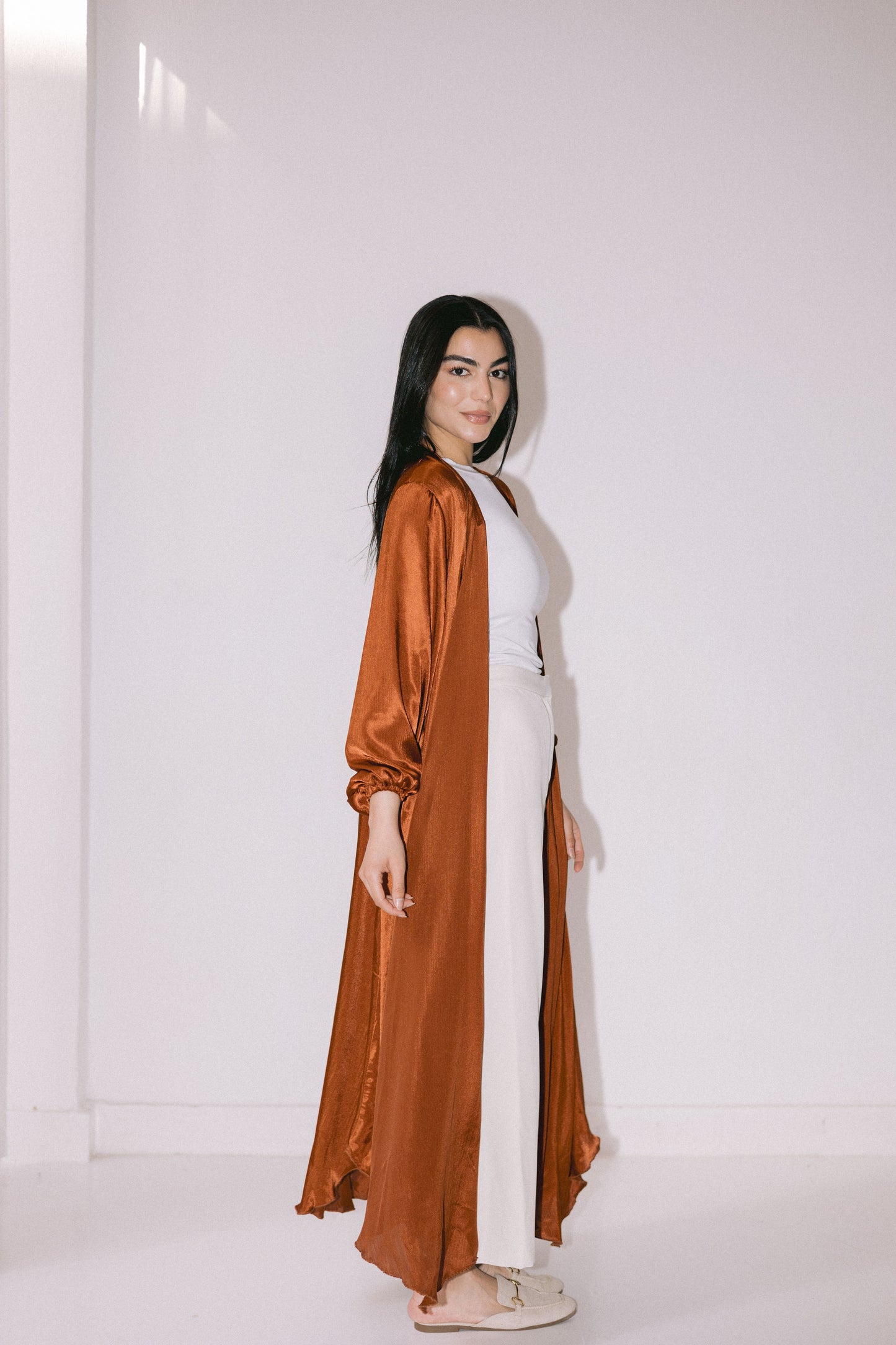 Asymmetrical Satin Kimono - Brick