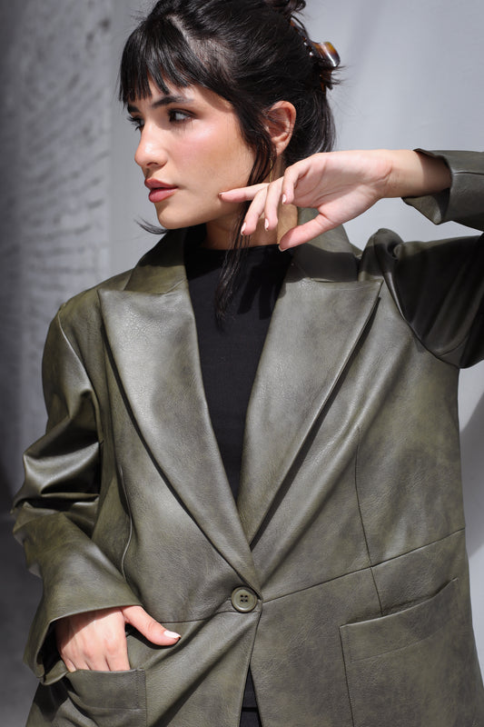 Midnight Muse Leather Blazer - Olive