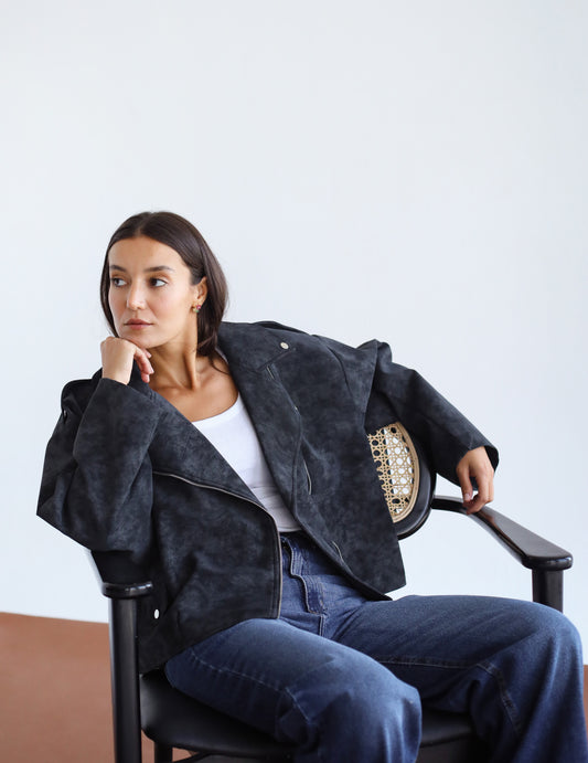 Understated Leather Jacket - Grey x Black