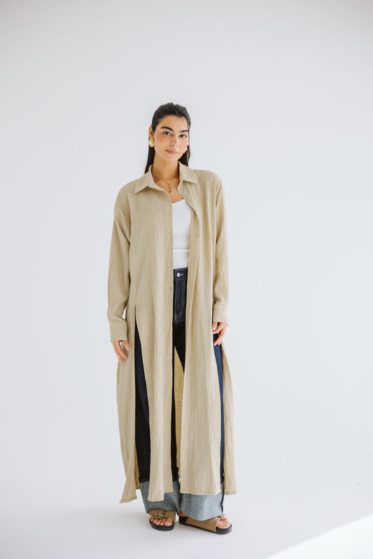 Sun-Kissed Linen Shirt Dress - Beige