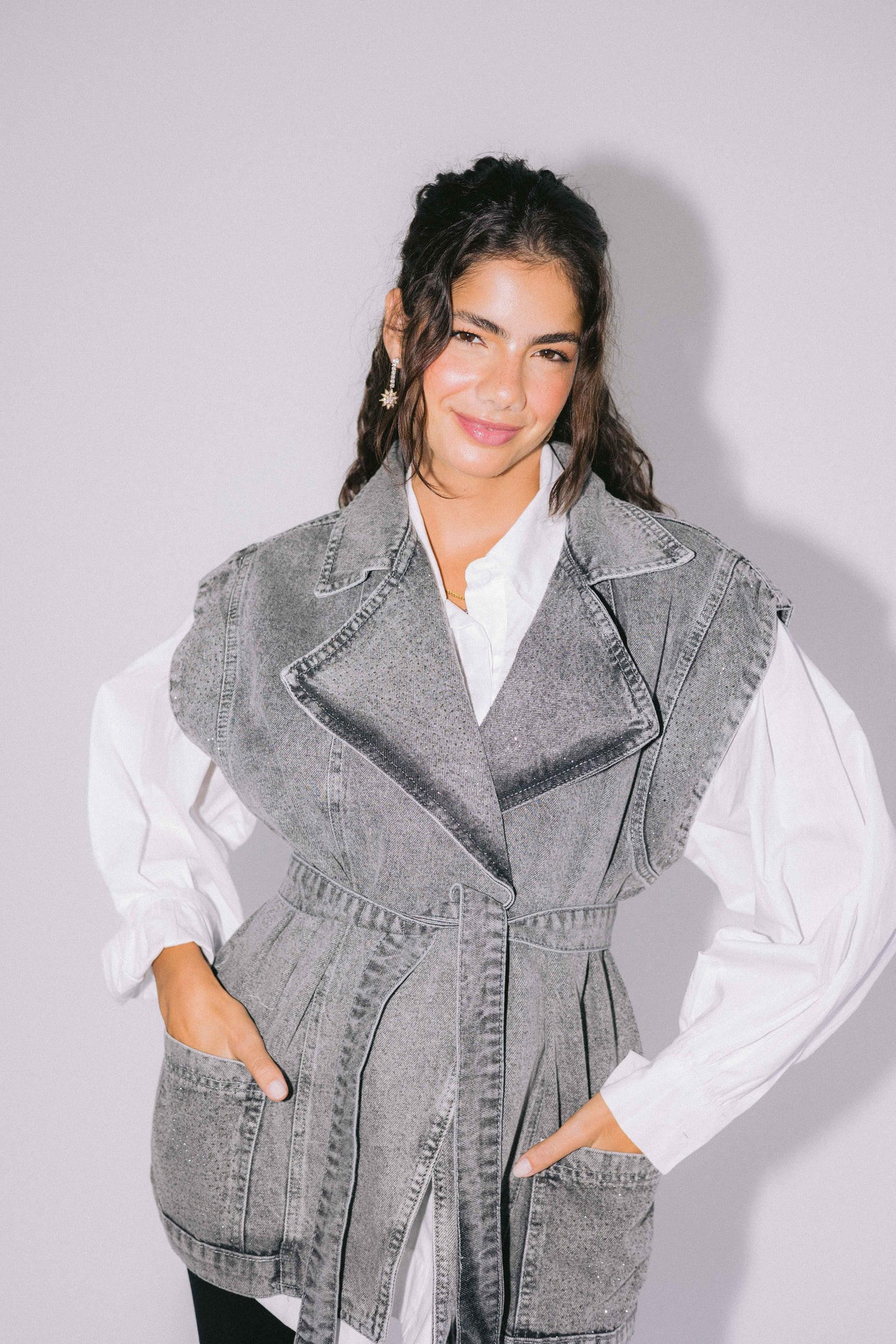 Studded Denim Vest - Grey