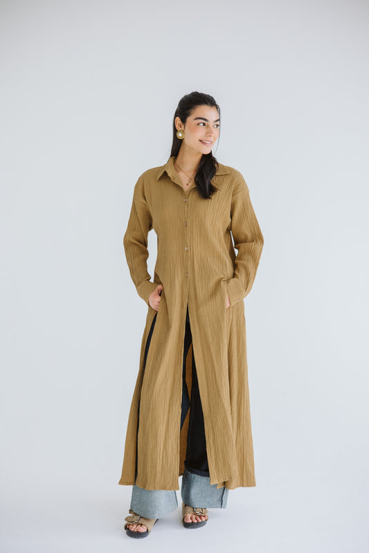 Sun-Kissed Linen Shirt Dress - Camel