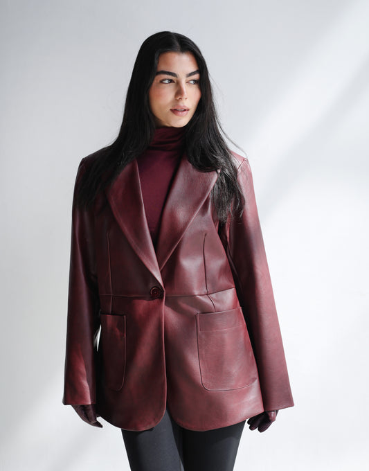 Midnight Muse Leather Blazer - Burgundy