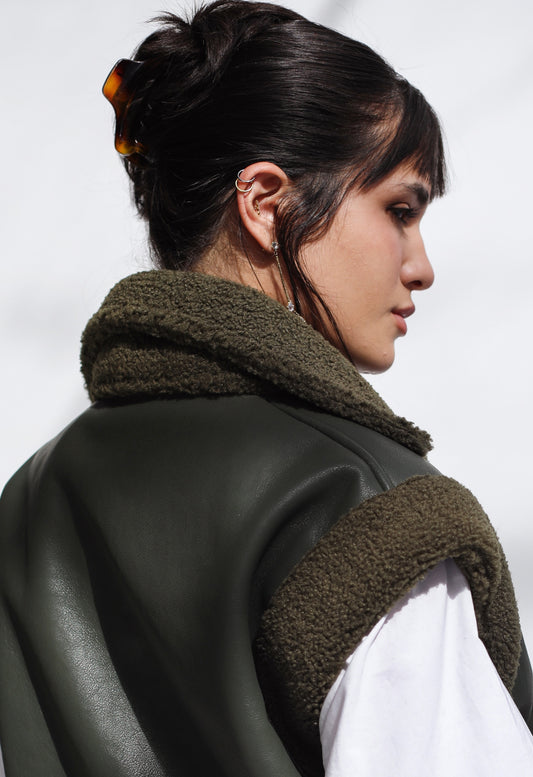 Snowflakes Leather Vest - Forest Green