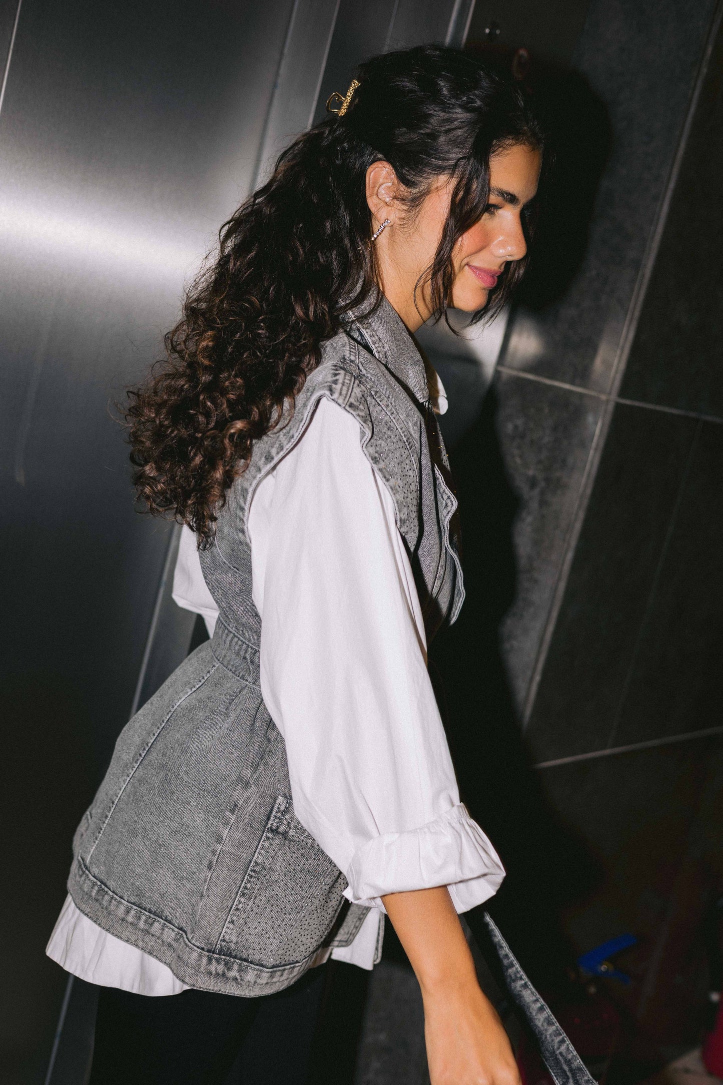 Studded Denim Vest - Grey