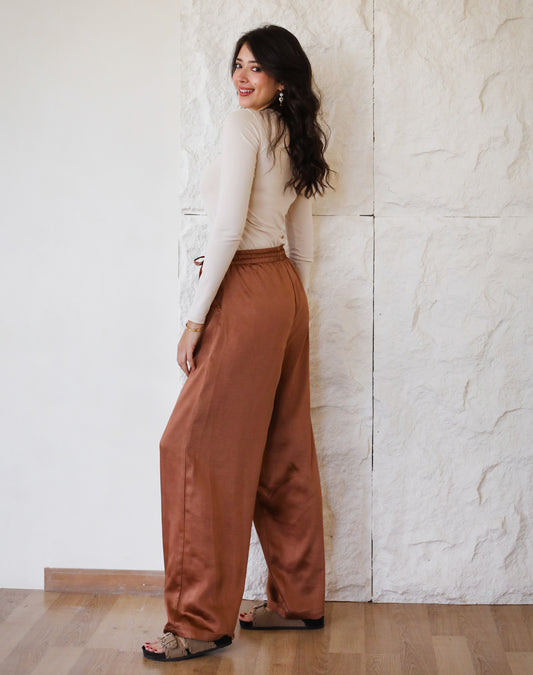 On The Move Satin Pants - Brown