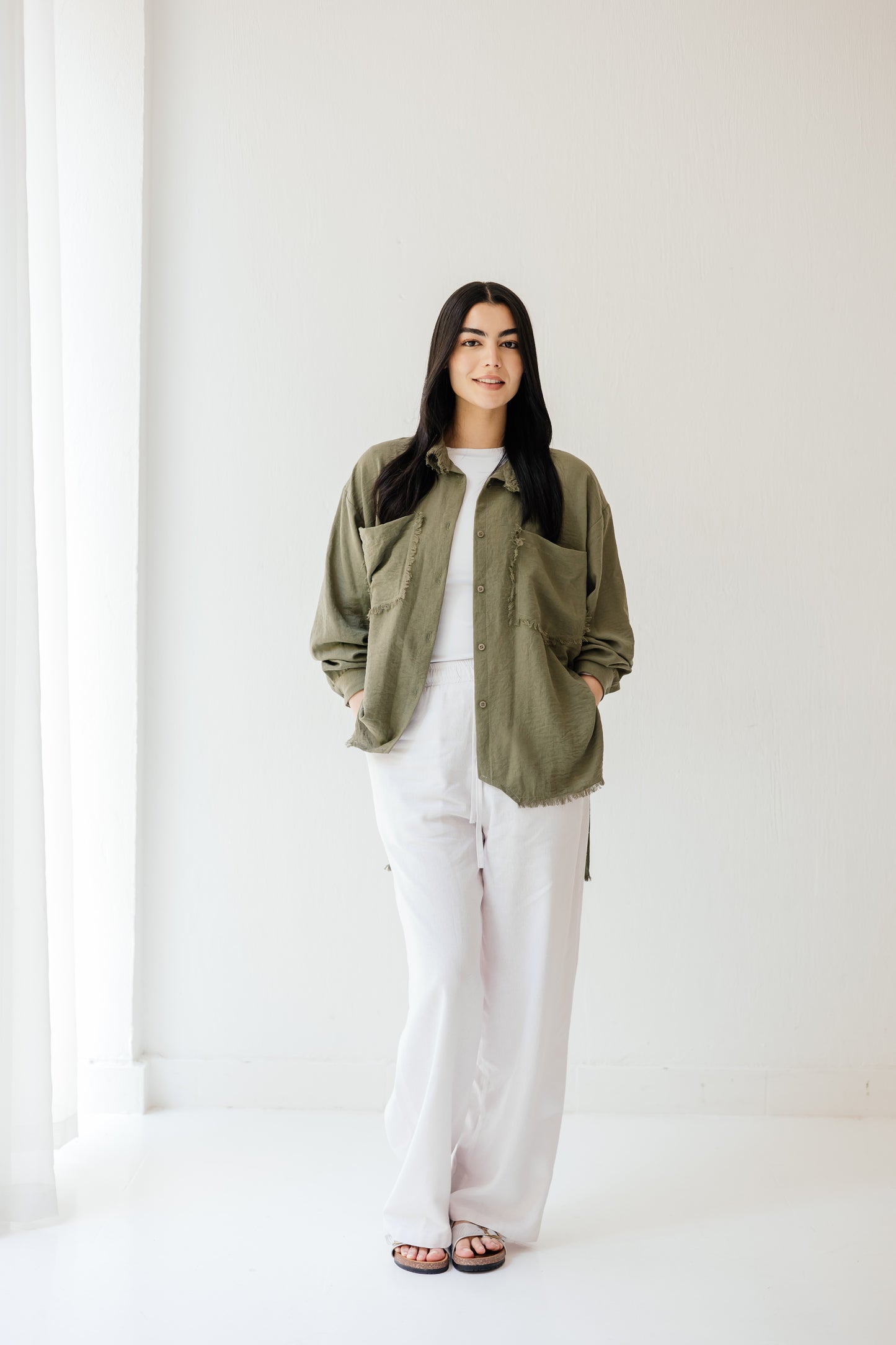 Fringed Pockets Shirt in Olive