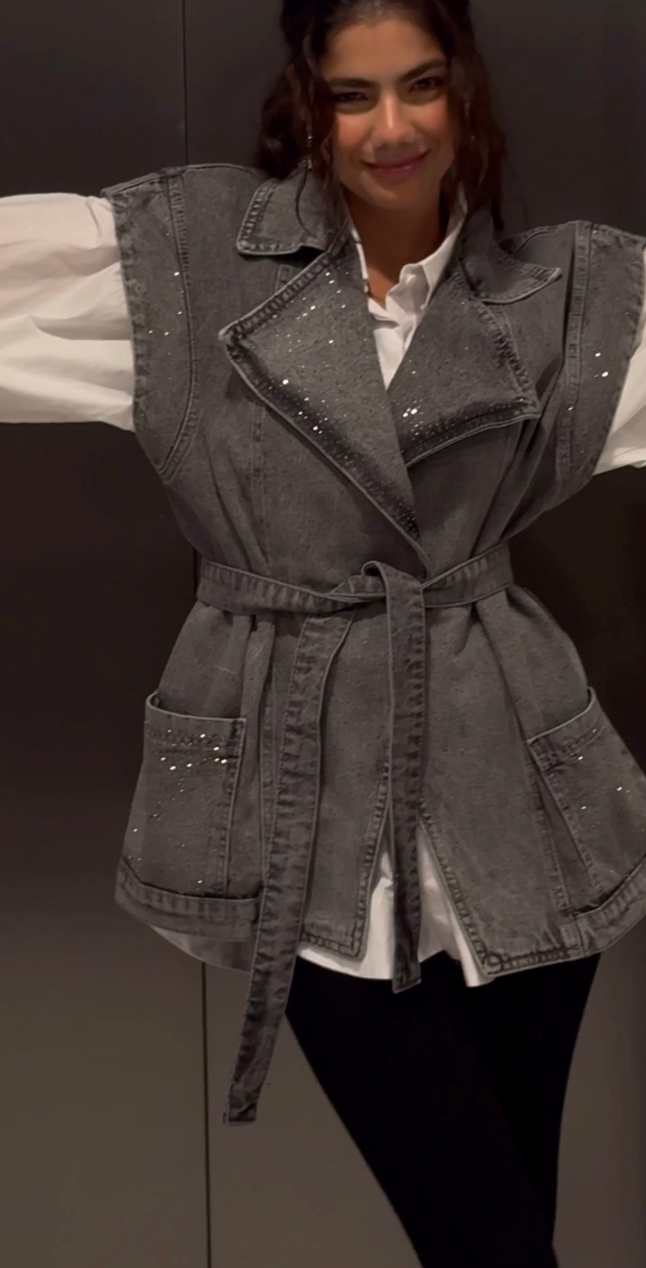 Studded Denim Vest - Grey