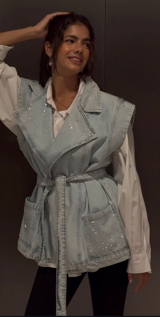 Studded Denim Vest - Blue