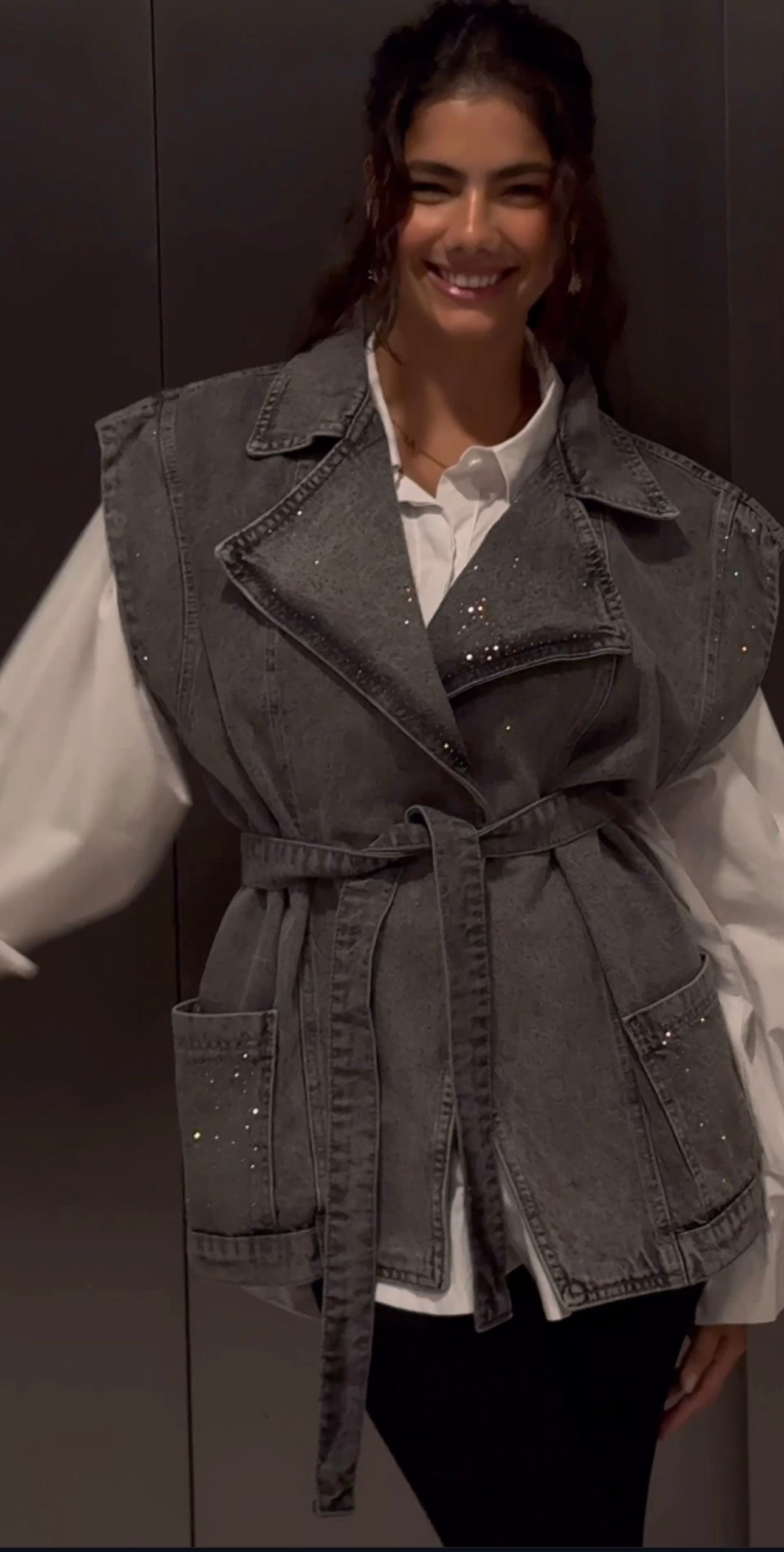 Studded Denim Vest - Grey