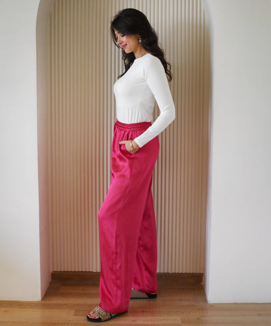 On The Move Satin Pants - Fuchsia