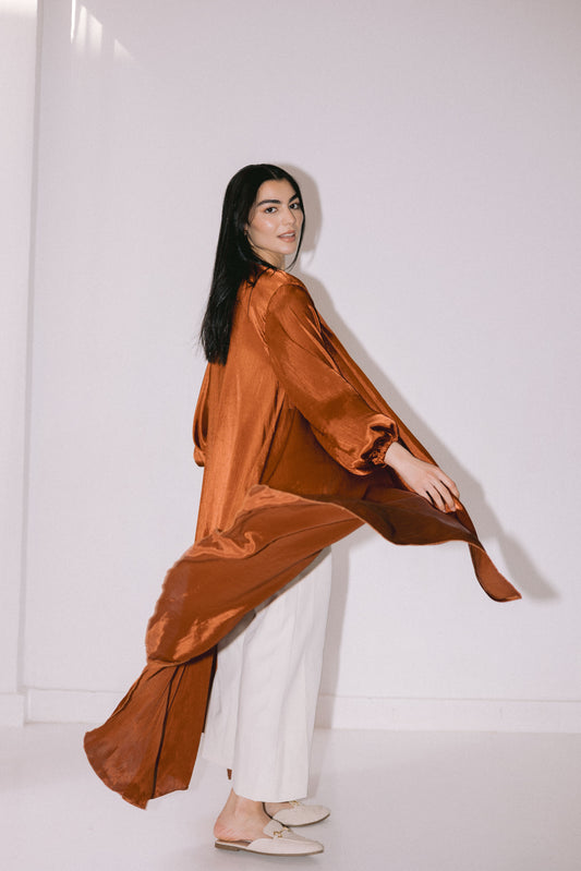 Asymmetrical Satin Kimono - Brick