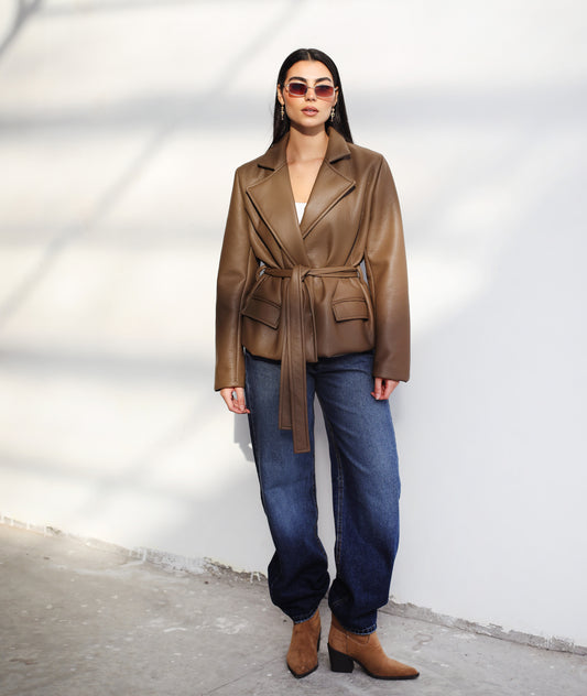 Going Places Leather Blazer - Taupe Brown