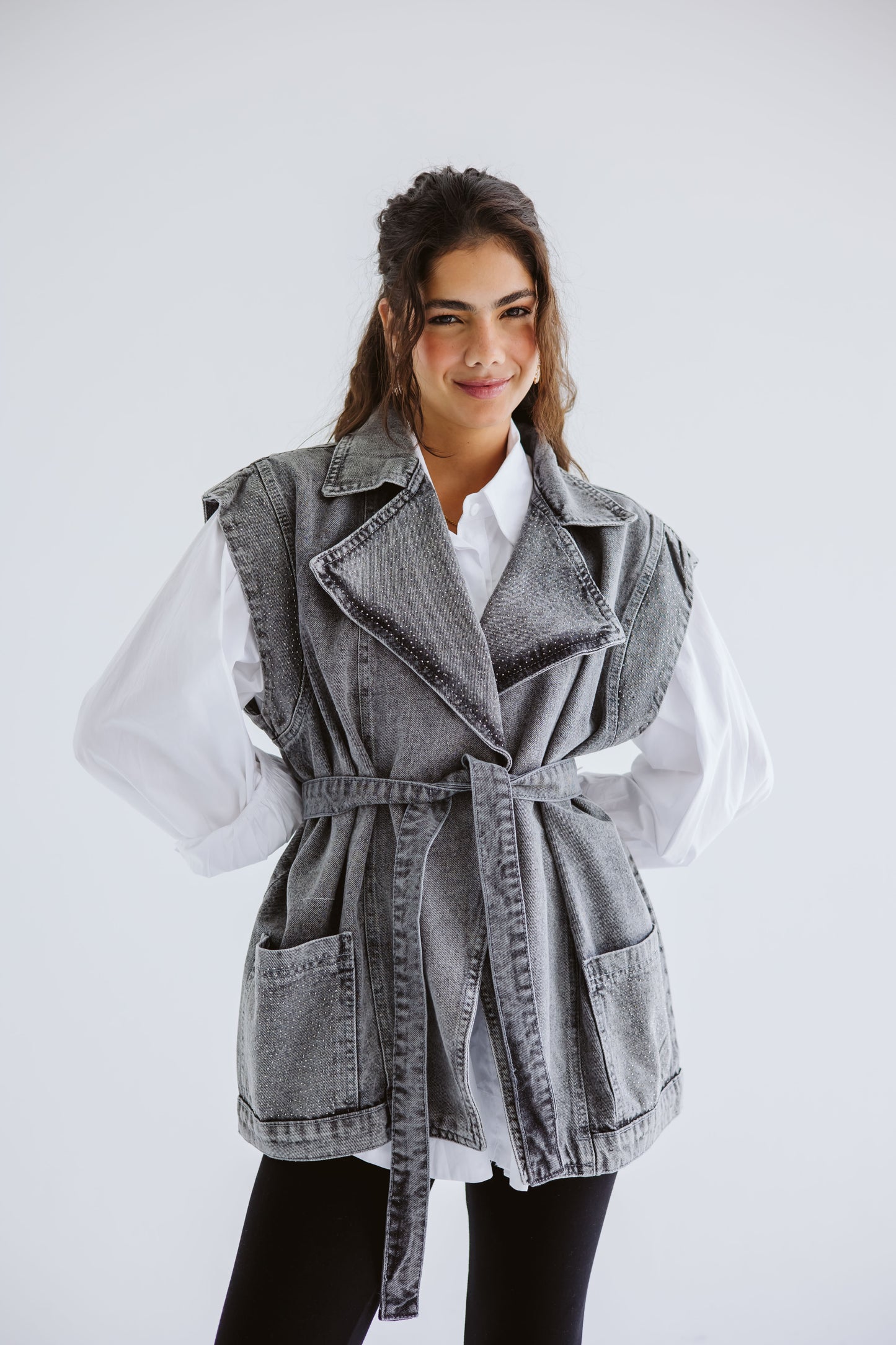 Studded Denim Vest - Grey