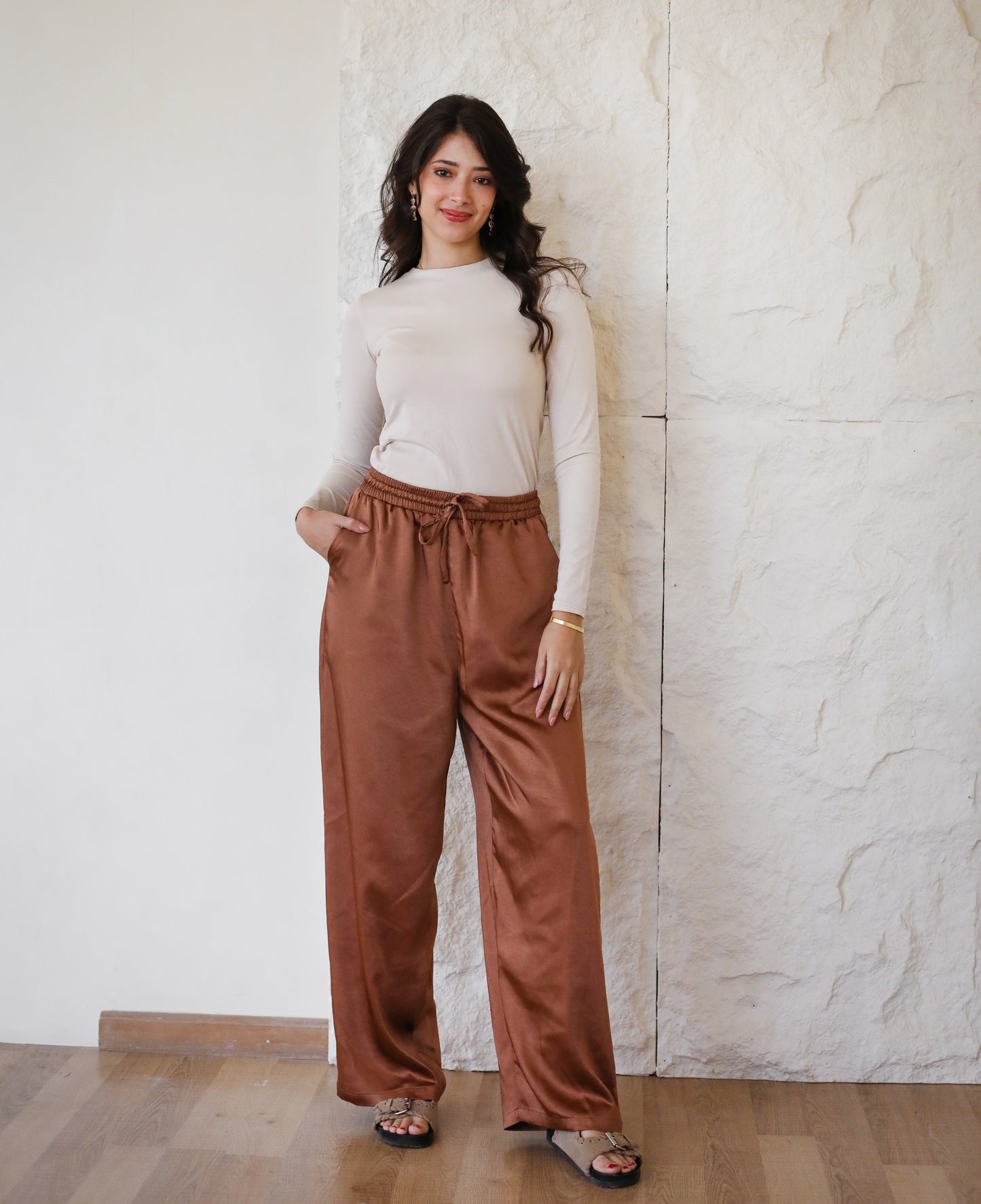 On The Move Satin Pants - Brown