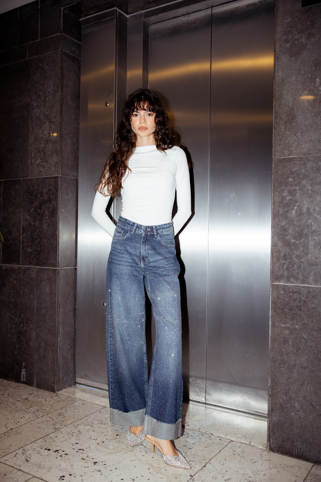 Studded Lucky in Love Denim Pants - Dark Blue