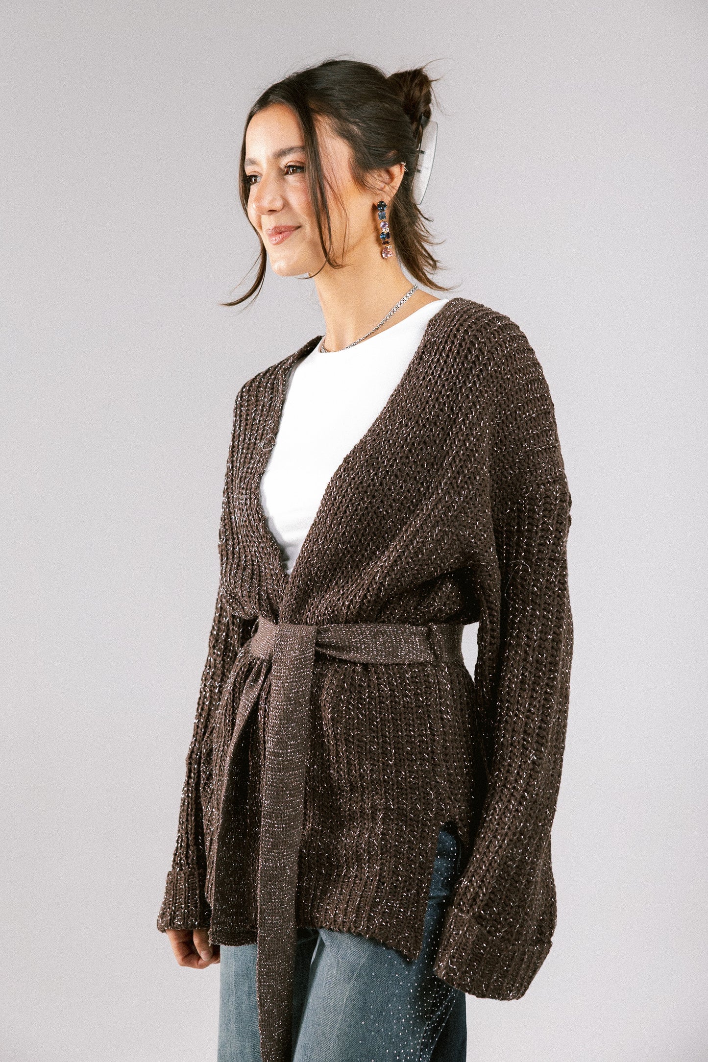Crystal Skies Crochet Cardigan - Brown