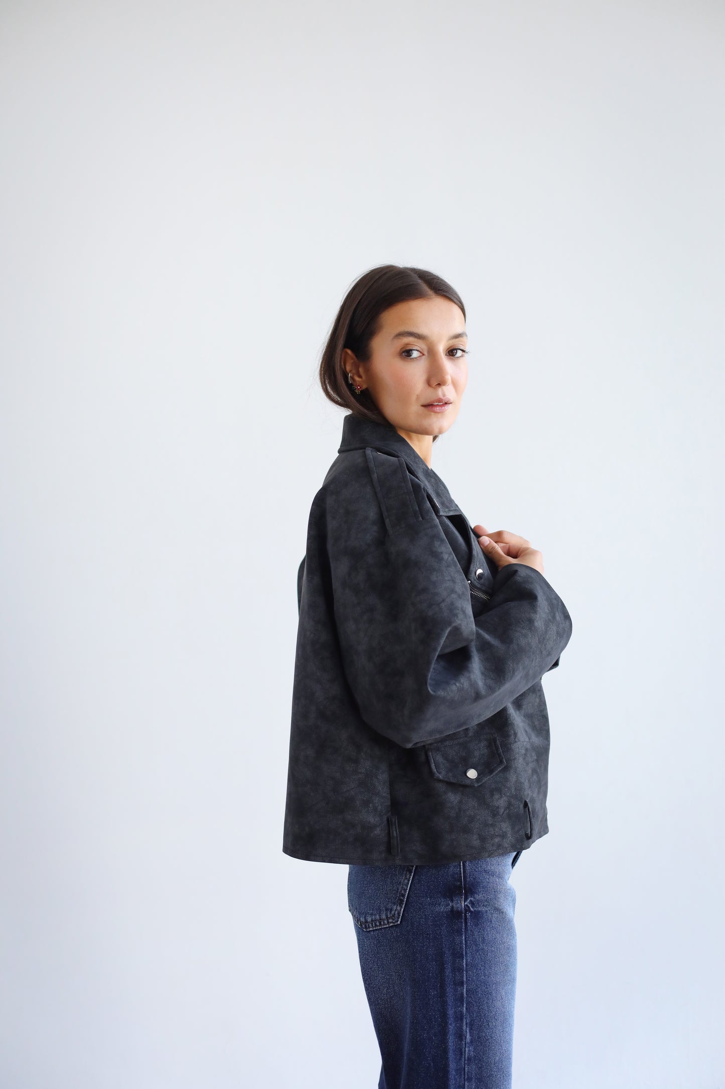 Understated Leather Jacket - Grey x Black