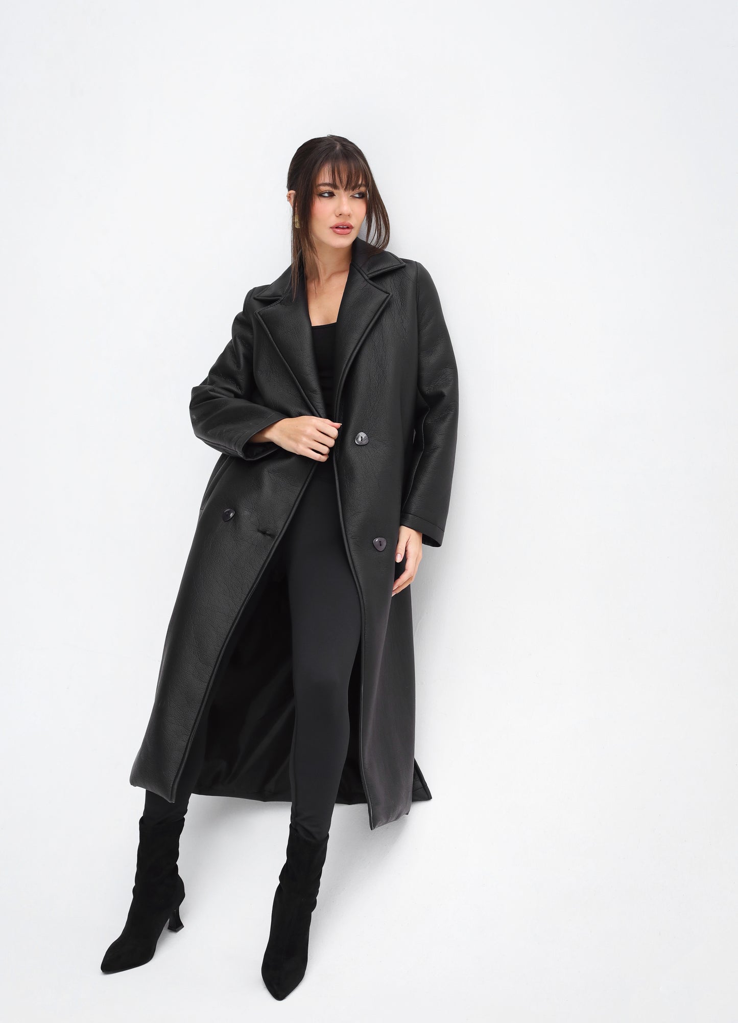 Head-Turner Faux Leather Coat in Black