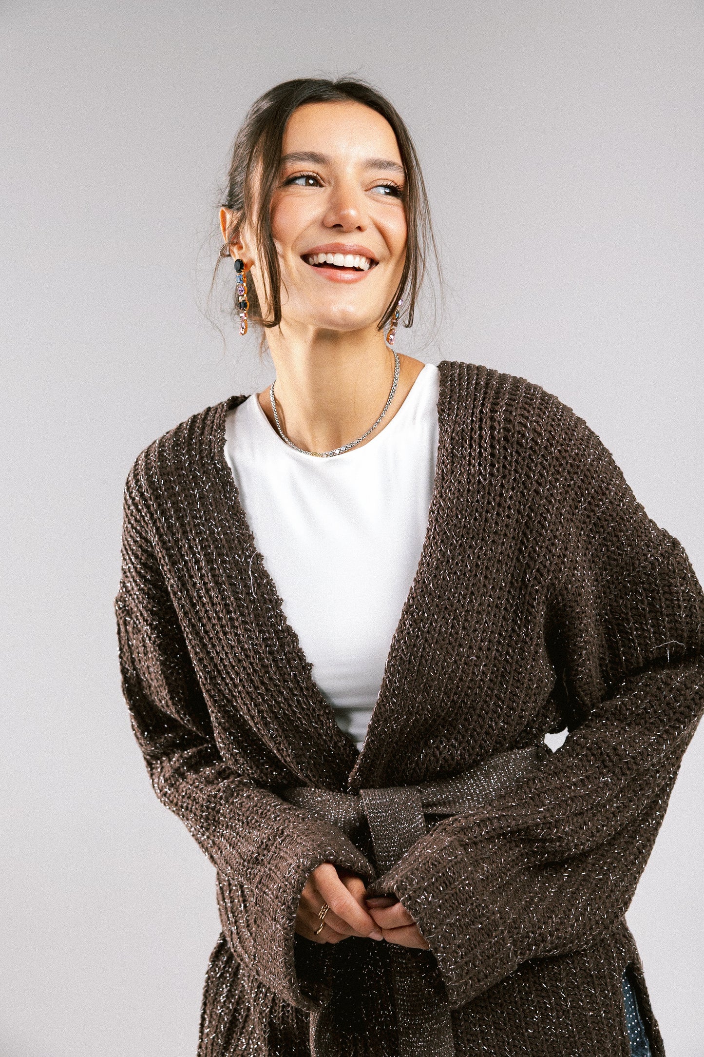 Crystal Skies Crochet Cardigan - Brown