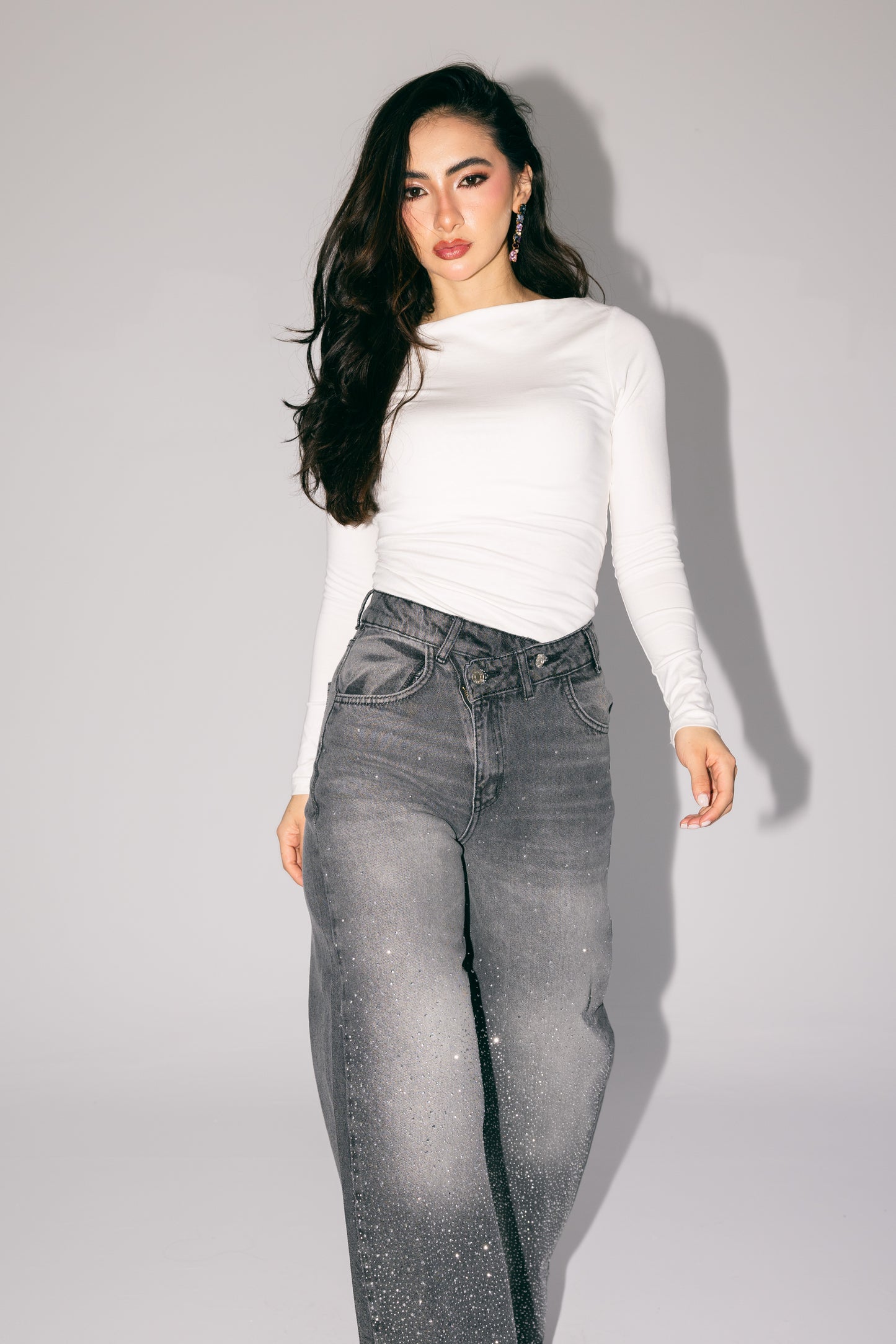 A Little Shine Jeans With Crossover Waist - Washed Grey