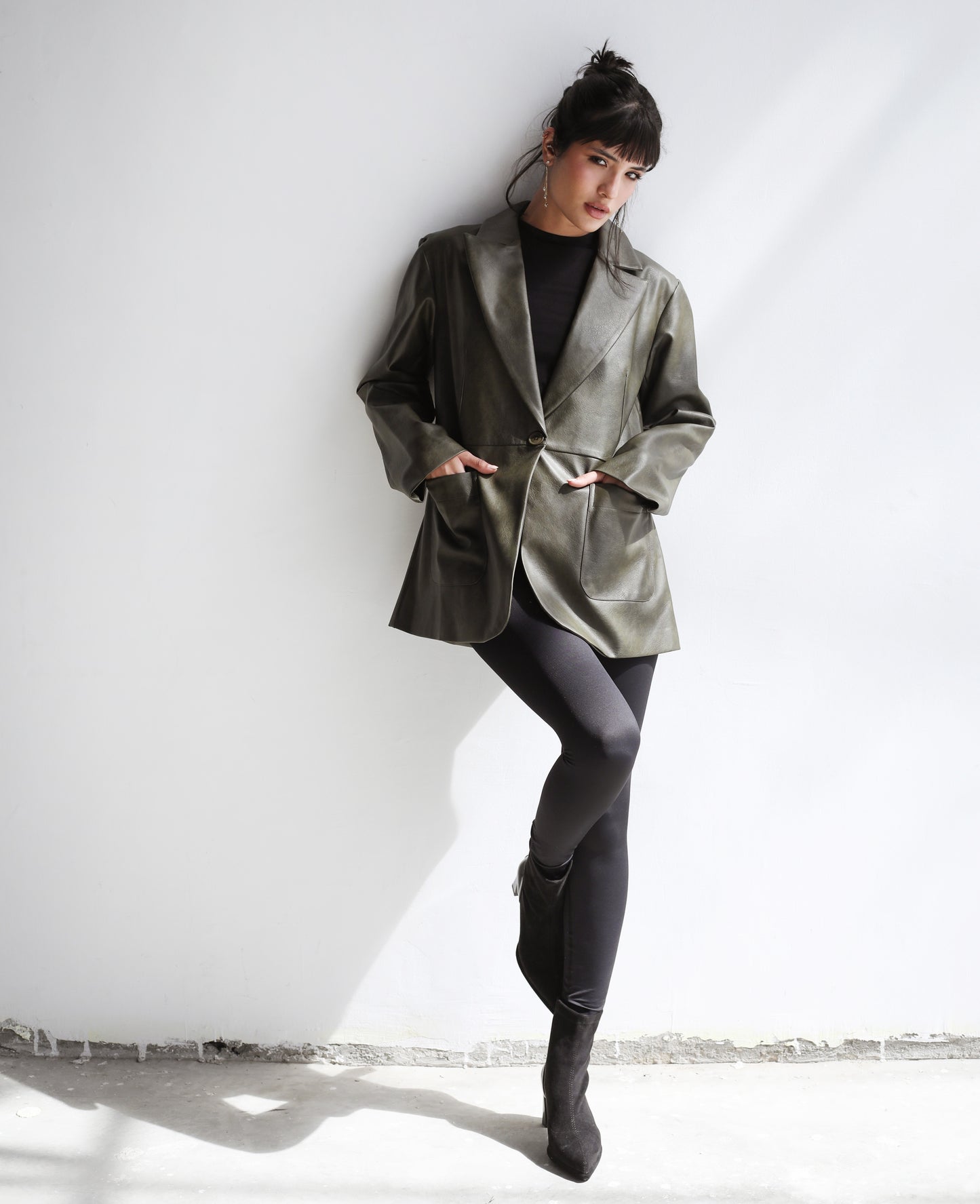 Midnight Muse Leather Blazer - Olive