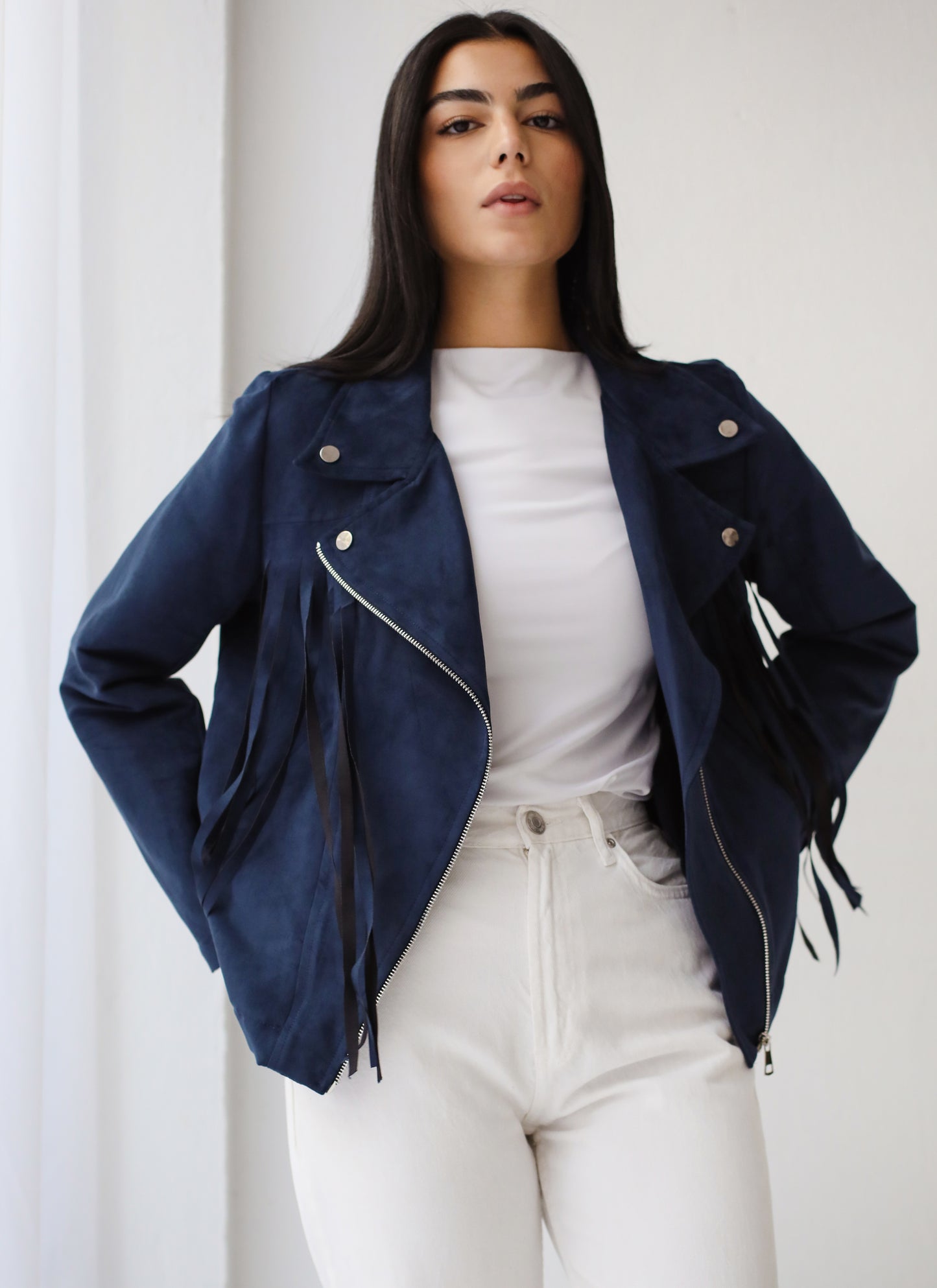 Fringe Out Suede Jacket - Navy