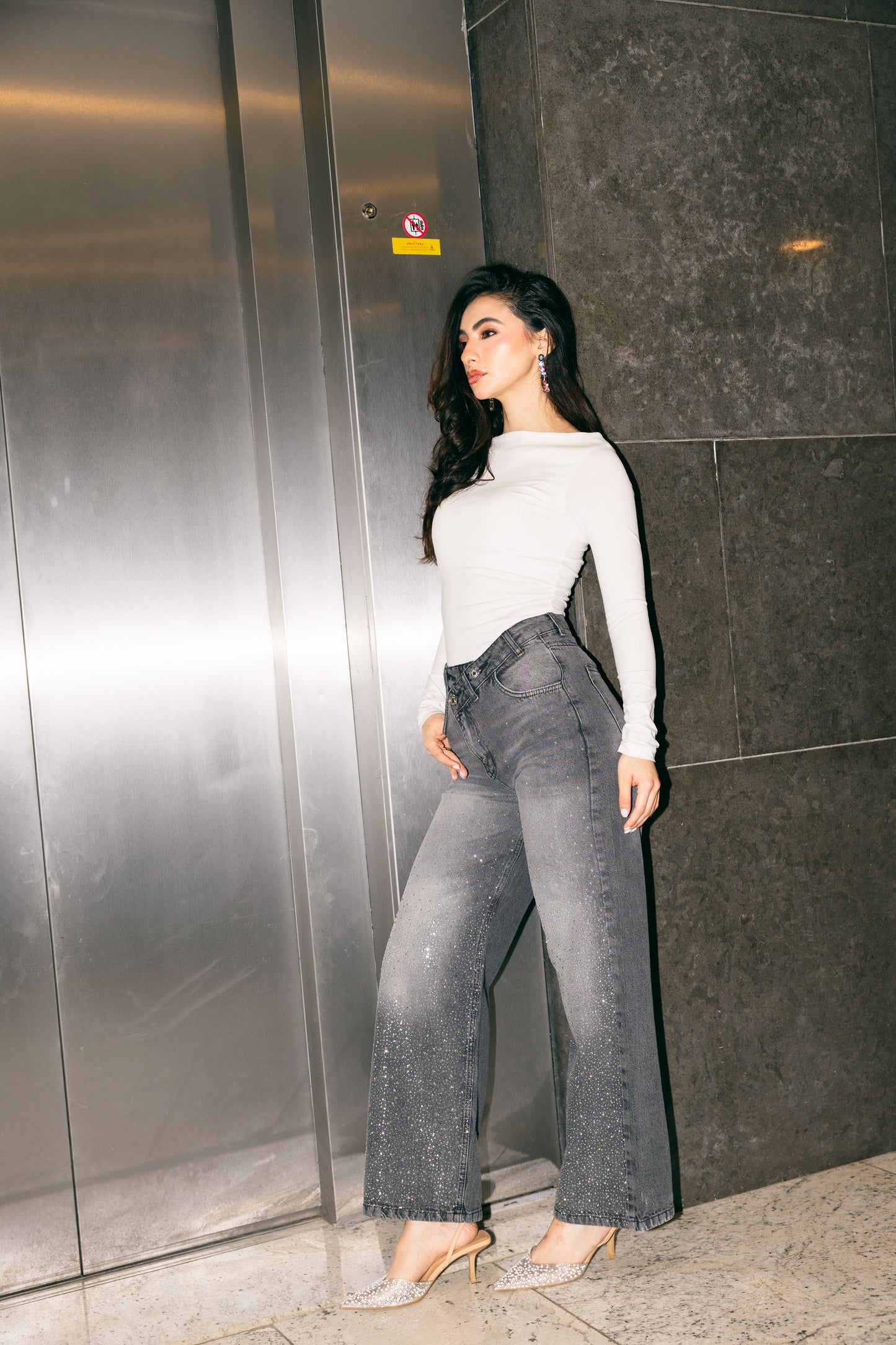 A Little Shine Jeans With Crossover Waist - Washed Grey