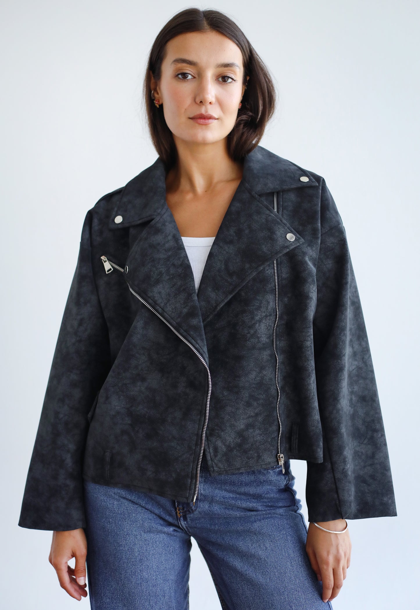 Understated Leather Jacket - Grey x Black