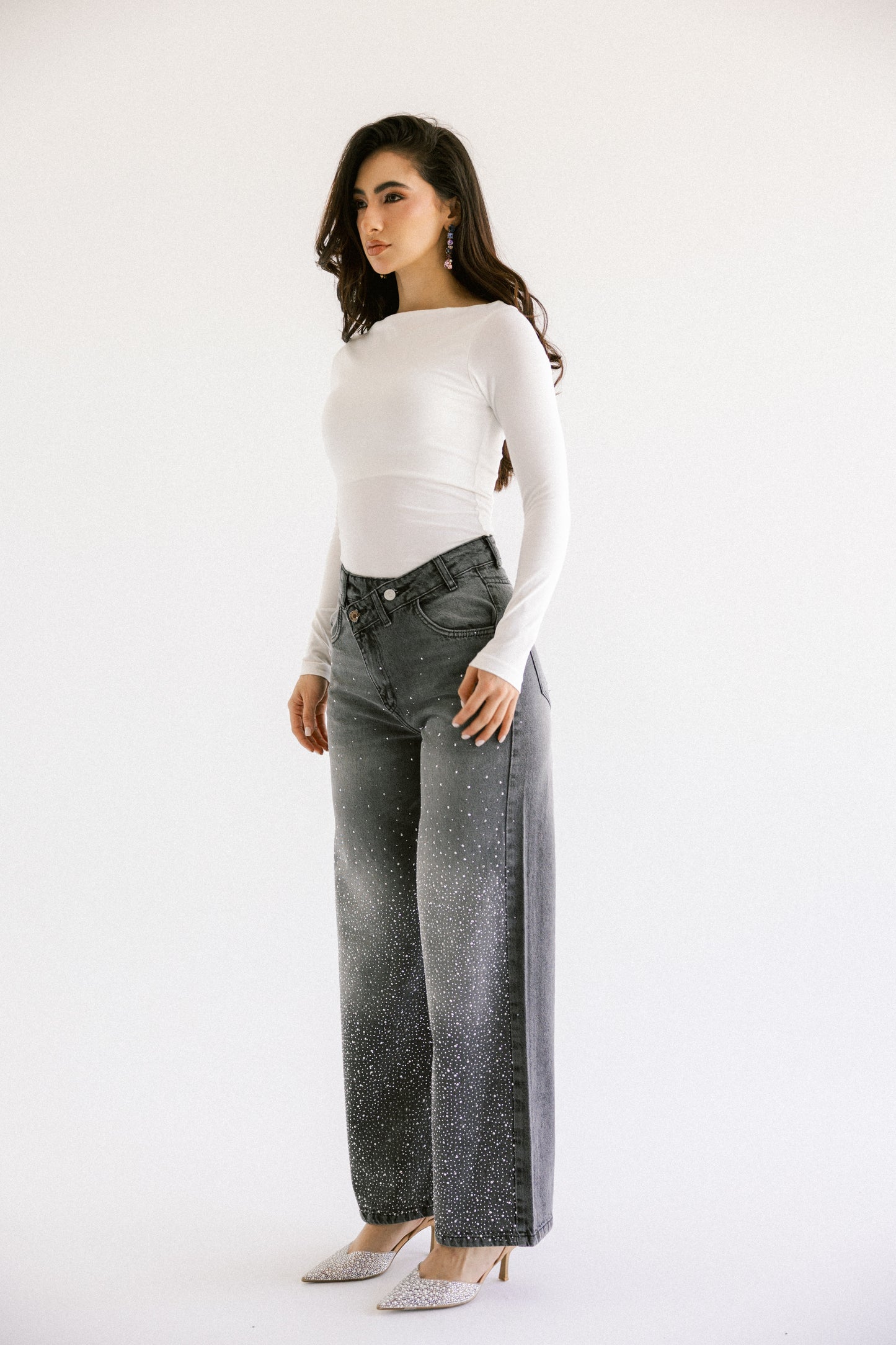 A Little Shine Jeans With Crossover Waist - Washed Grey