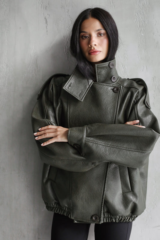 One of One Leather Biker Jacket - Olive