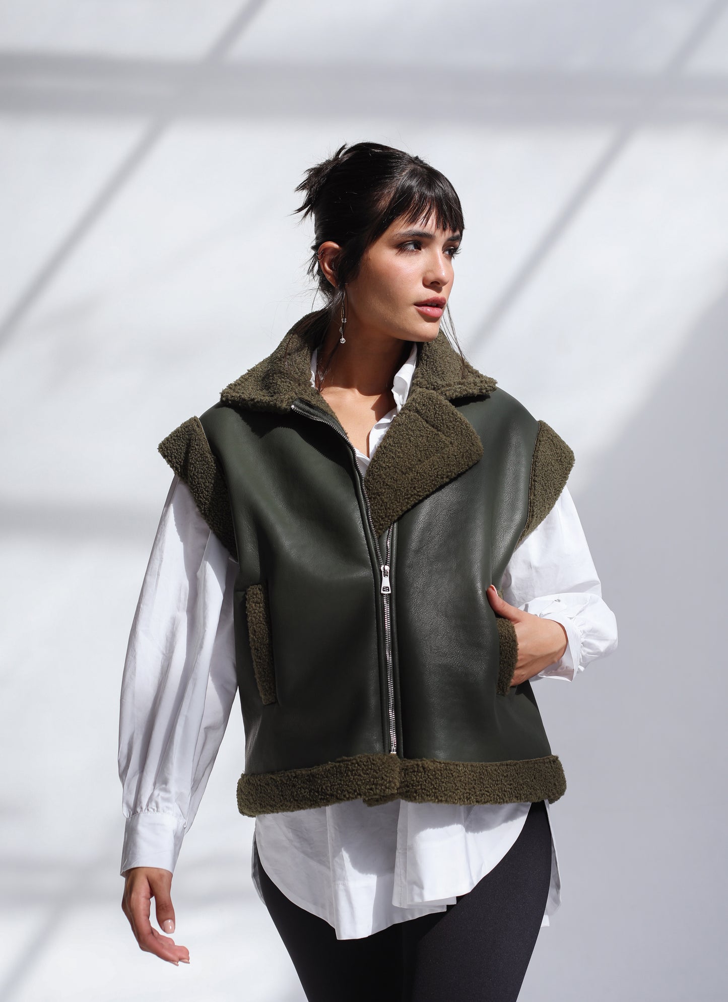 Snowflakes Leather Vest - Forest Green