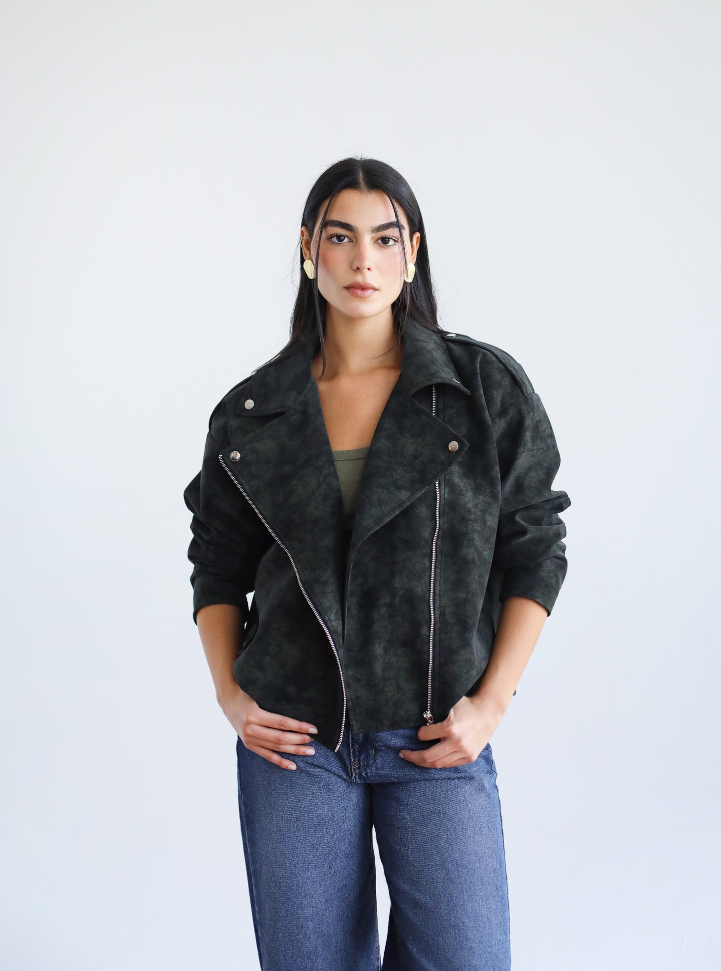 Understated Leather Jacket - Olive x Black