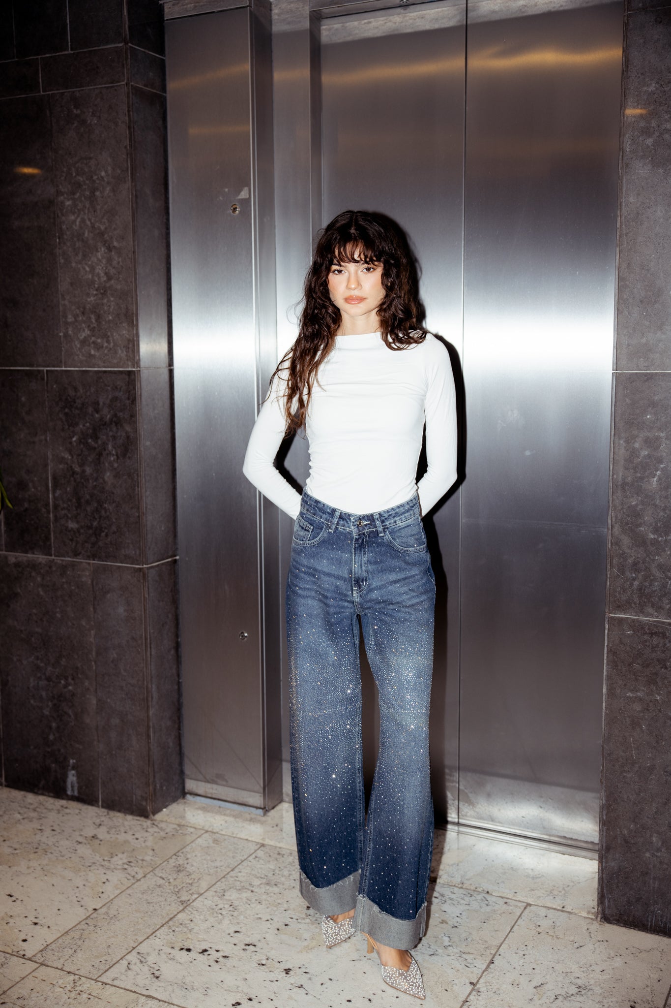 Studded Lucky in Love Denim Pants - Dark Blue