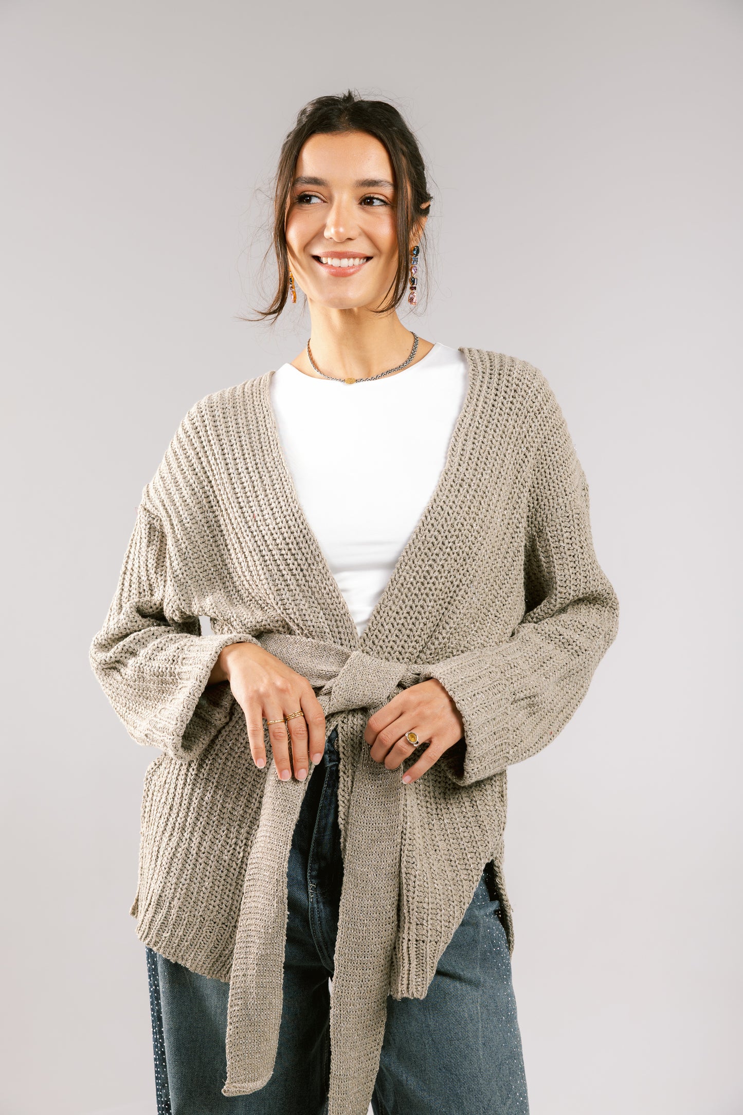 Crystal Skies Crochet Cardigan - Taupe