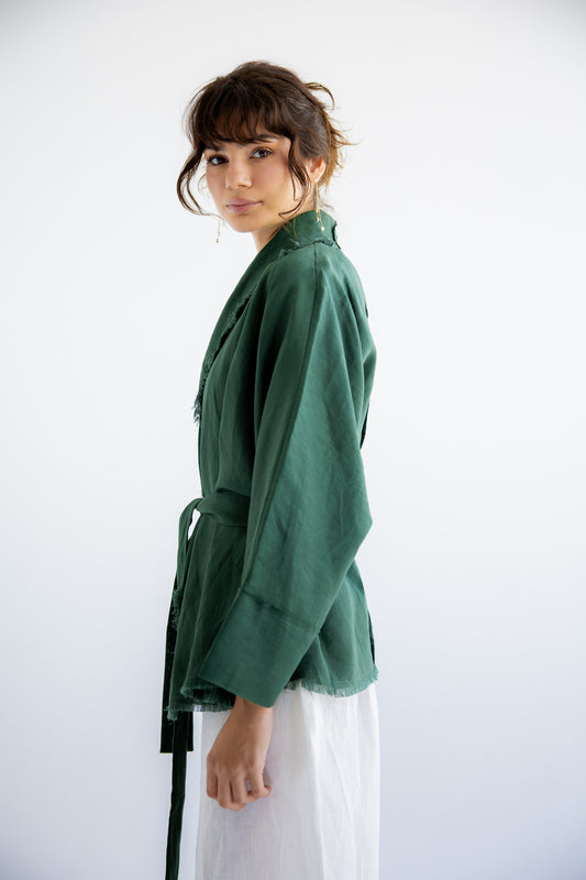 Sun Chaser Linen Cardigan - Emerald Green