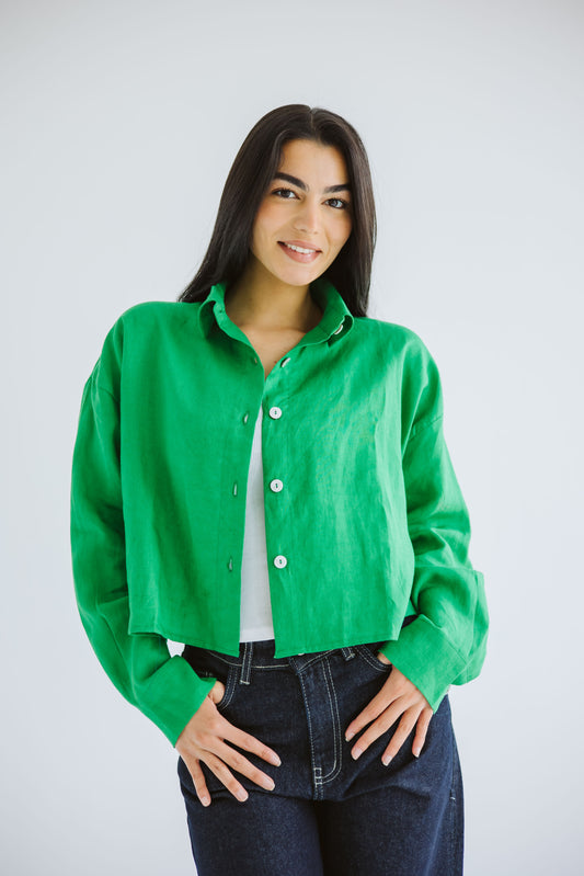 Timeless Cropped Linen Shirt - Green