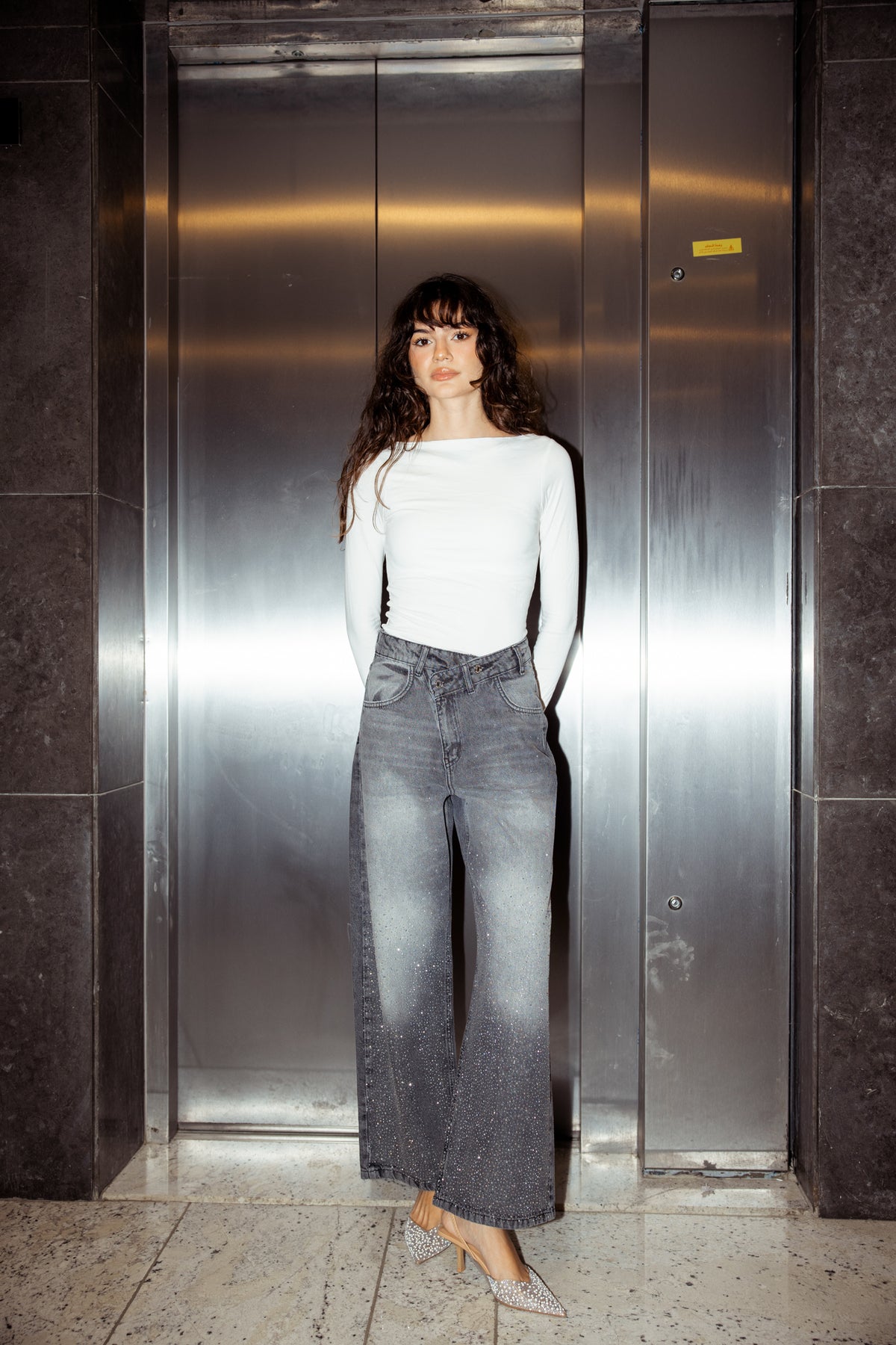 A Little Shine Jeans With Crossover Waist - Washed Grey