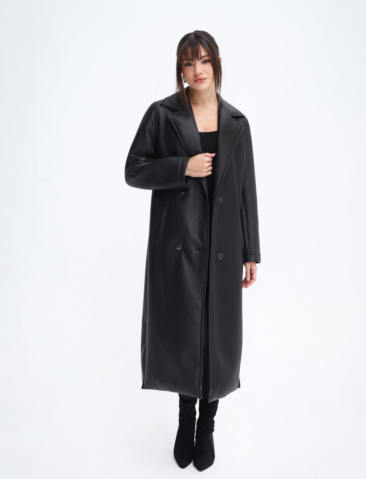Head-Turner Faux Leather Coat in Black