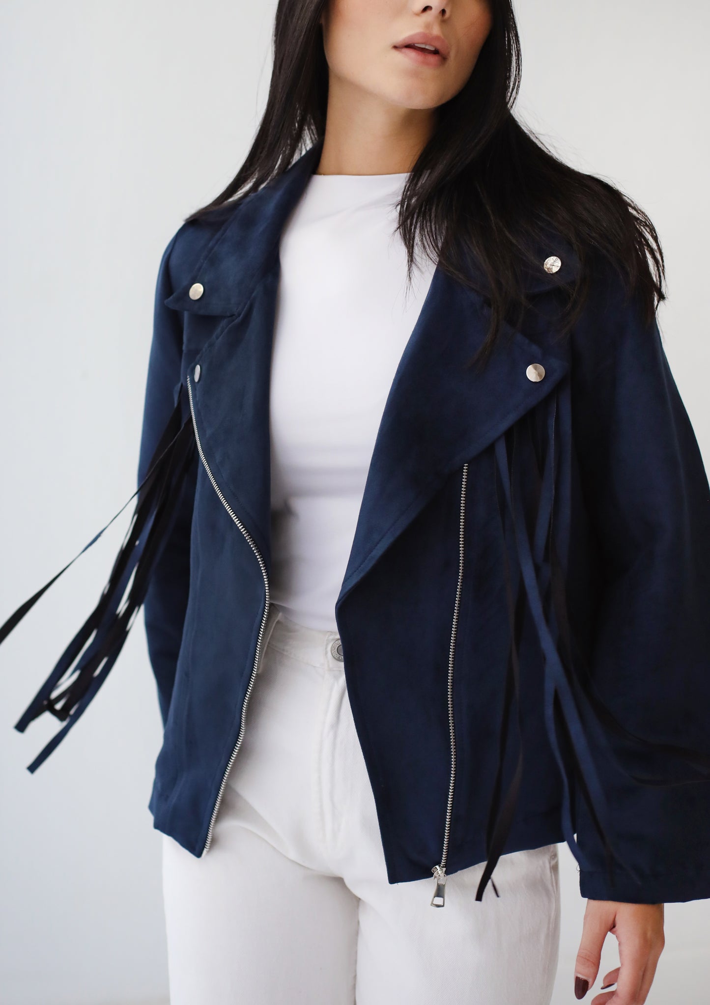 Fringe Out Suede Jacket - Navy